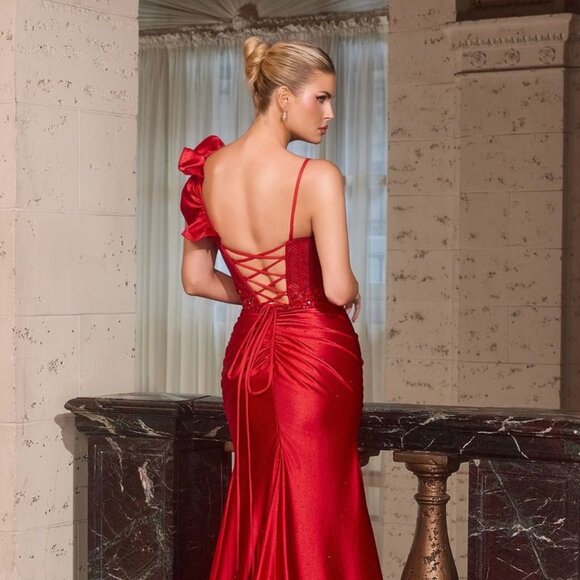 New Royal Beads Embellished Evening Gown w/ Lace Bodice & Floral Accent CD CM386 - Picture 5 of 10